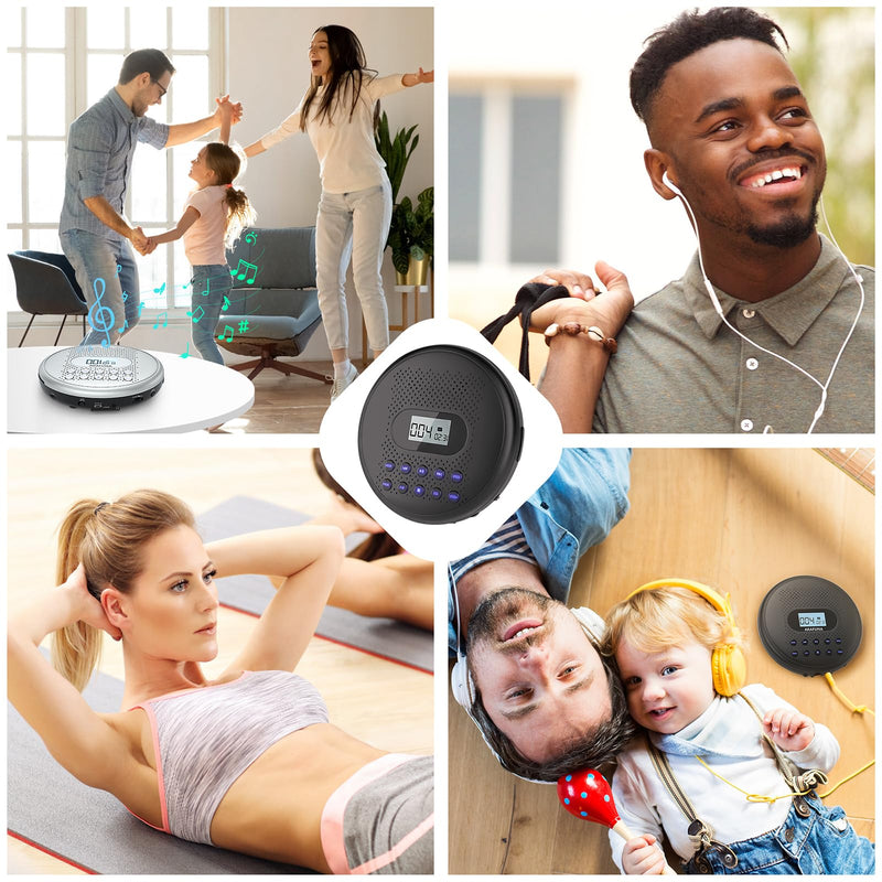 ARAFUNA Portable CD Player with Dual Stereo Speakers, Rechargeable CD Player for Car with Anti-Skip Protection, Headphones and AUX Cable Backlight Buttons Black