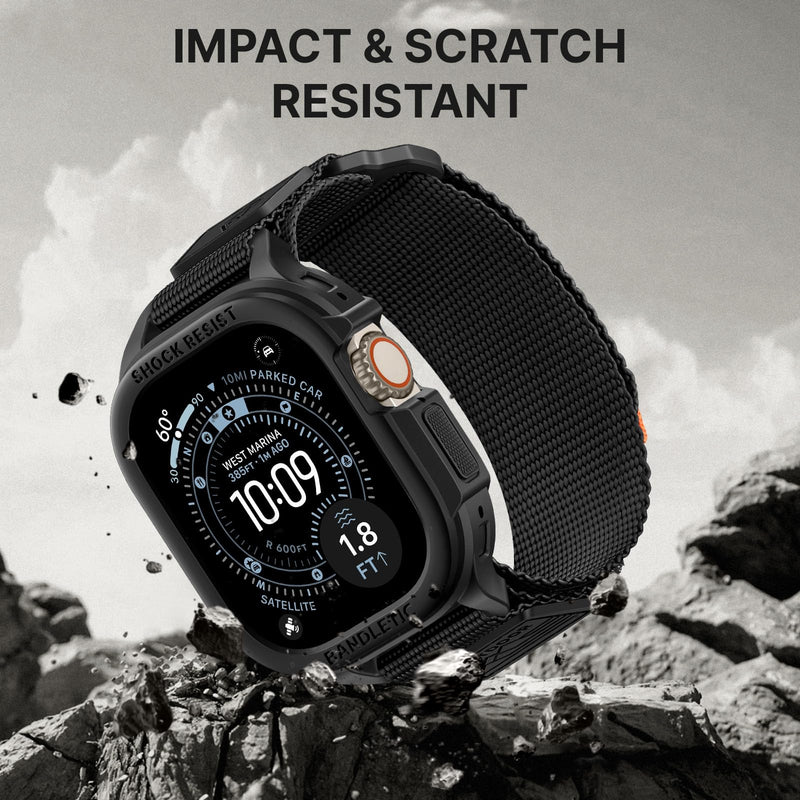 Bandletic Rugged Compatible with Apple Watch Ultra 3/2 Band 49mm with Case | Military Grade Nylon Bands Shockproof Tactical TPU Bumper Protective Men Women,Includes Screen Protector Kit (Black L,49mm) Black Large-49mm (Ultra 3/2/1)