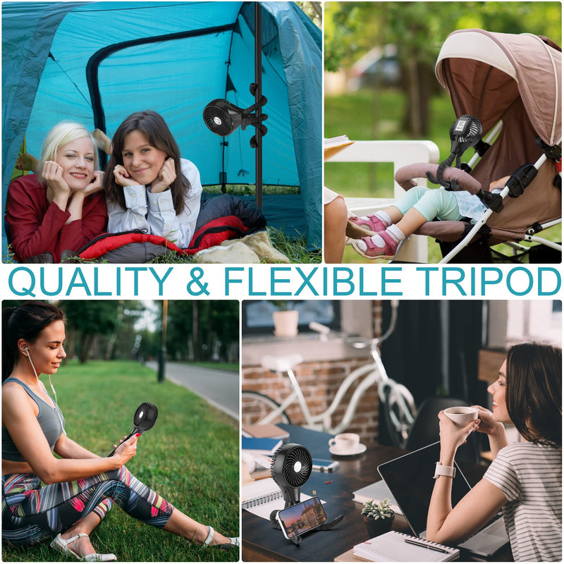 Auto Oscillating Stroller Fan, Battery Operated Fan, Portable Fan with Flexible Tripod, Ultra Quiet USB Desk Fan for Stroller/Car Seat/Treadmill/Camping/Hurricane/Outage, Black