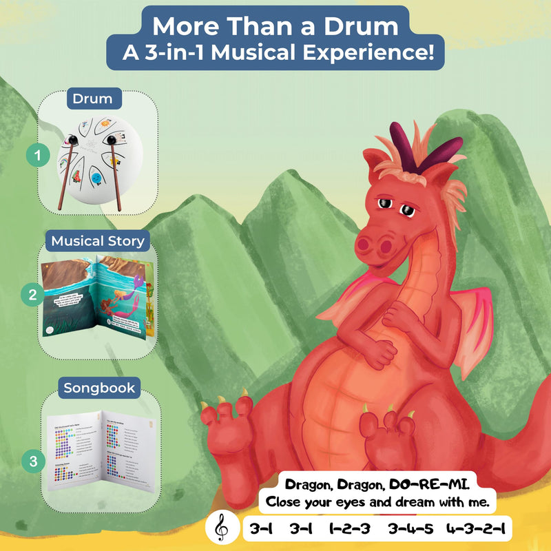 Steel Tongue Drum With Songbook And Bedtime Story - Kids Musical Instruments - Musical toys for toddlers, Dylan's Dream Drum 3 In 1 Handpan drum, 6 Inch 8 notes, Diatonic White Dylan's Dream Drum