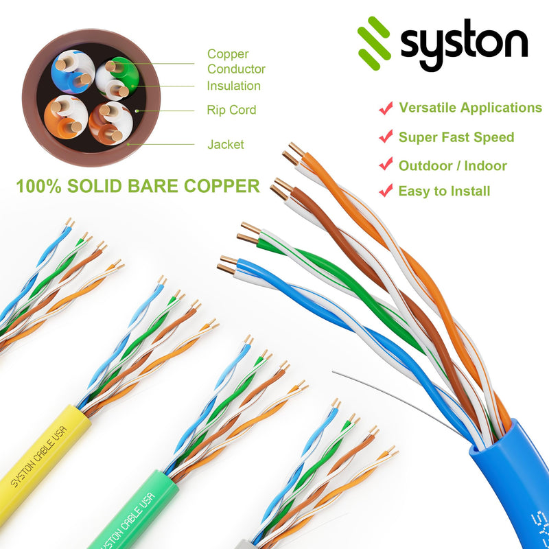 Syston Cable Technology Cat 5e Ethernet Network Cable - 250 FT，350MHz 24AWG Solid Bare Copper Wire Outdoor/Indoor, Bulk No Ends 10 Ft to 1000 Ft Available, Heat Resistant Riser Rated - CMR Black