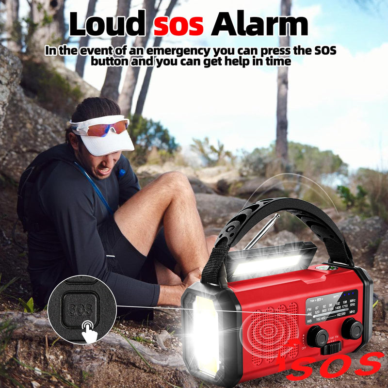 Emergency Weather Radio, 10000mAh /37000mWh Crank Radio, Portable NOAA/AM/FM Weather Radio, Reading Light, Solar Radio, SOS Emergency Flashlight, Multiple Power Sources,for Hurricanes and Emergencies Red