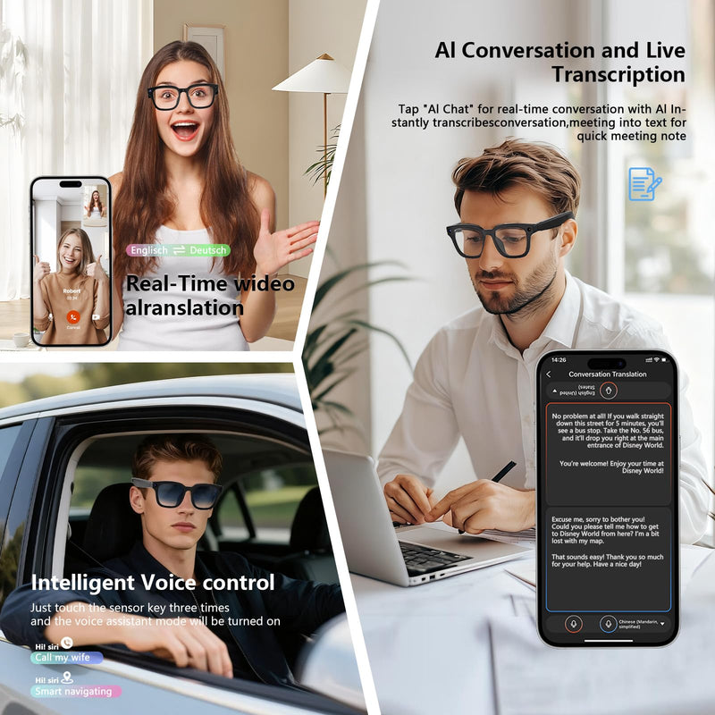 AI Smart Glasses with Chat GPT, 8MP Camera Glasses with Camera and Audio, AI Translation Glasses with 164 Language, Bluetooth with Voice Assistant/Calling, 8H Music Play (Gradient Blue) Gradient Blue