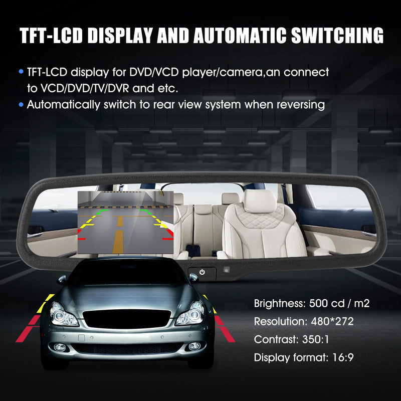 4.3inch Rear View Mirror Monitor, Auto-Dimming Rearview Monitor,480 * 272, 500 cd / m2 HD Reverse Camera System for Trucks & Van,Camera Monitor Parking Aid with Bracket
