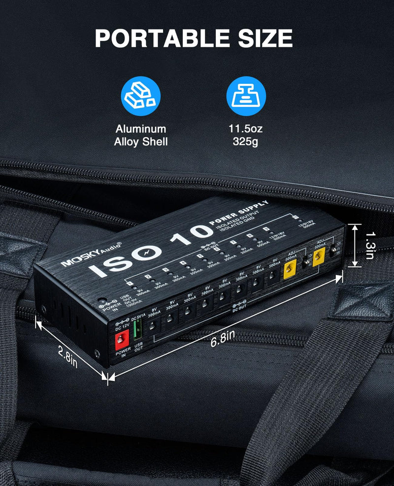 Mosky Guitar Pedal Power Supply 10 Isolated DC Output, 9V 12V 18V 300mA 500mA Effect Pedal Boards Power Supply with USB Port, Short Circuit Overcurrent Protection 1345
