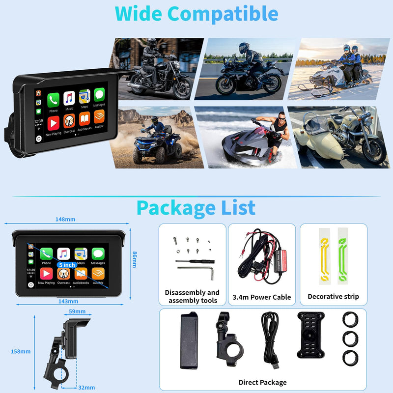 Motorcycle Carplay Screen with Wireless Apple Carplay & Android Auto, 5" Portable IP67 Waterproof Touchscreen Carplay GPS Navigation for Motor, Dual Bluetooth, Voice Control & Siri/Google Assistant