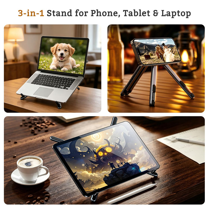 3-in-1 Portable Laptop Stand, Magnetic Tablet Phone Holder Mount | 8-Tier Ergonomic Lift Riser, Infinite Multi-angle Adjustable, N55 Strong Magnetic, Pocket Size for Travel, Vlog, Office Zoom Black