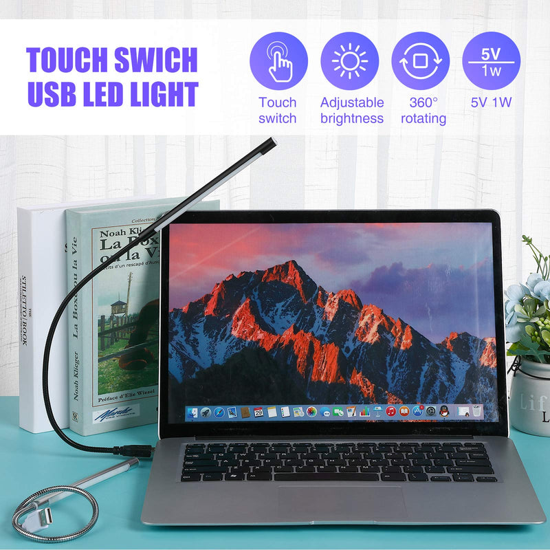 2 Pieces USB LED Light USB Light for Laptop Keyboard Light Gooseneck Light Computer Light Flexible Stick Dimmable LED Lamp Touch Switch for Reading Book (Black, Silver) Black, Silver