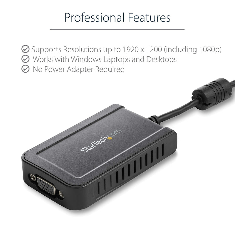 StarTech.com USB to VGA Adapter - 1920x1200 - External Video & Graphics Card - Dual Monitor Display Adapter - Supports Windows (USB2VGAE3) 1920p x 1200p