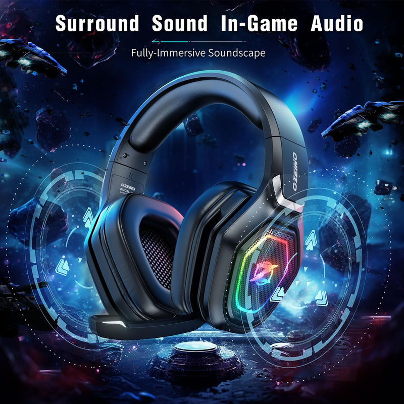 2.4GHz Wireless Gaming Headset with Microphone, 2.4G USB & Type C Transmitter - 30h Battery Life - RGB Lighting Gaming Headphones for PS5, PS4, PC, Phone Black