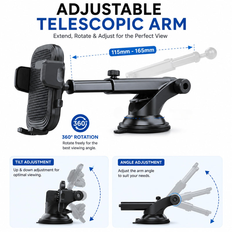 Wireless City Car Phone Holder, Ultra Stable, Big Phones & Thick Case Friendly, Adjustable Long Arm Cell Phone Holder for Car Dashboard Windshield Car Mount