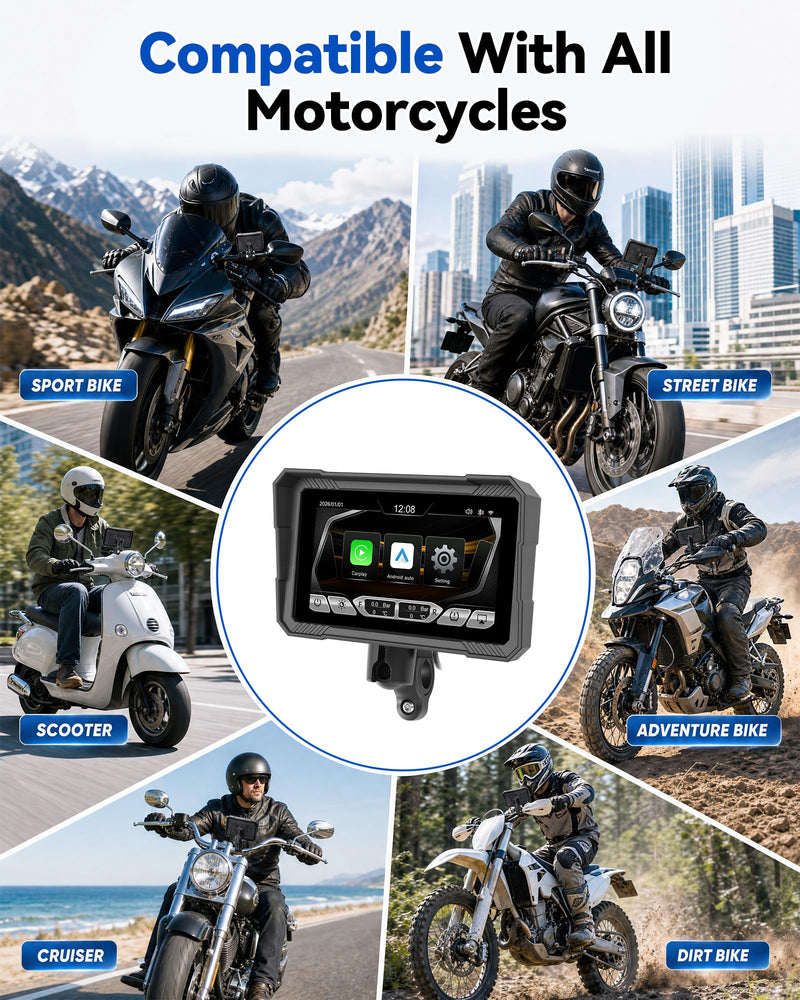 UNITOPSCI Motorcycle CarPlay Screen,5“ Waterproof Touchscreen, Portable Carplay/Android Auto GPS Navigation for Motorbike, Support Dual Bluetooth,S-IRI,G00gle Assistant with Digital Wired Controller 5'' with Digital Wired Controller