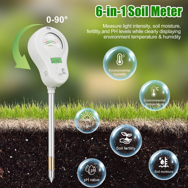 [AUSTRALIA] - SPECILITE 6-in-1 Soil Tester, Digital Soil Moisture Meter/PH Meter/Sunlight/Temperature/Fertility Monitor with 2 Removable Probe, Dual Screen Soil Test Kit for Gardening, Lawn, Indoor & Outdoor Plant 