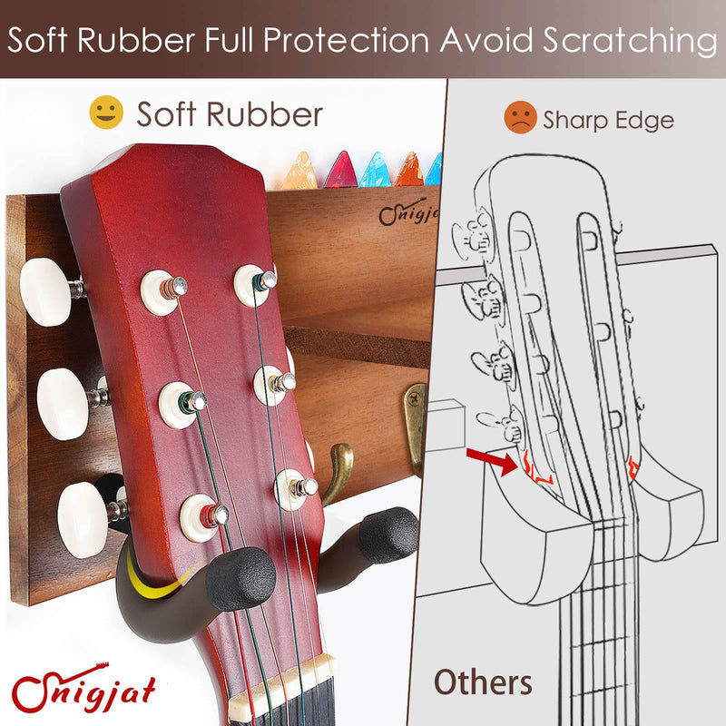 SNIGJAT Guitar Wall Mount with Rotatable Hook, Wood Guitar Hanger with Shelf and Pick Holder, Wall Stand Rack for Acoustic, Electric, Bass
