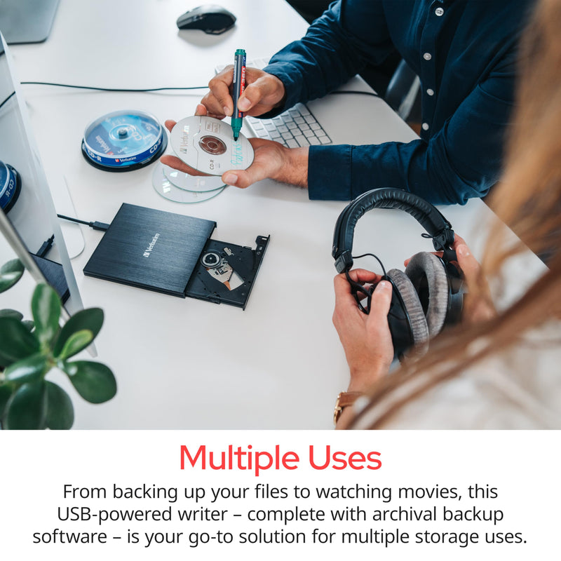 Verbatim Slim External Burner CD/DVD +/-RW Optical Drive USB 2.0 with USB A to USB C Adapter and M-DISC Support - Mac & PC Compatible Nero Burn & Archive Software Included (Windows only) 0.6" x 5.6" x 5.3"