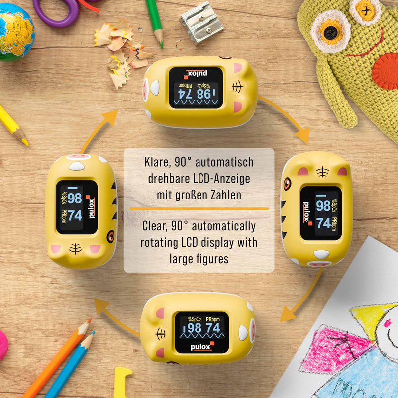 Pulox PO-230 Finger Pulse Oximeter for Children in Yellow, Measurement of SpO2 and Pulse in Seconds - with Stickers to Stick Yourself