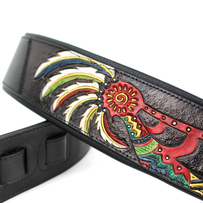 Walker And Williams KB-56-BLK Handmade 3" Wide Black Padded Guitar Strap With Carved Red Kokopelli Design On Premium Black Leather For Acoustic, Electric, And Bass Guitars
