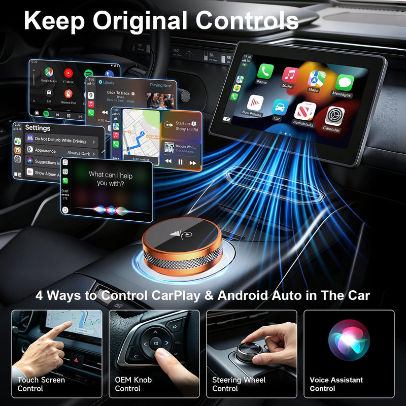 2-in-1 Wireless CarPlay Adapter for iPhone & Android Device, CarPlay Dongle Convert Wired to Wireless, Bluetooth & Wi-Fi, Plug & Play, Zero Latency, Compatible with USB/USB-C (Orange) Orange