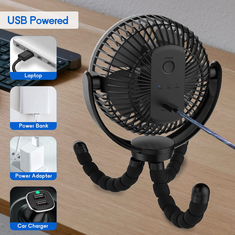 Mini Baby Stroller Fan , 5-Inch Handheld Portable Fan, 3 Speed USB Clip Fan, 5000mAh Rechargeable Desk Fan, with Flexible Tripod, Suitable for Outdoor, Camping ,Treadmill and car TF-28BW-5''
