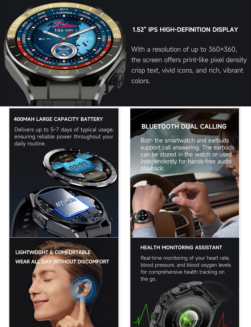 ZJX Smart Watch with Earbuds for Men, 1.52-inch Full-Touch HD Screen Metal Body, TWS Sports Earbuds smartwatch 2-in-1, Support Custom dial, Health Monitoring, Message Reminder silvery green
