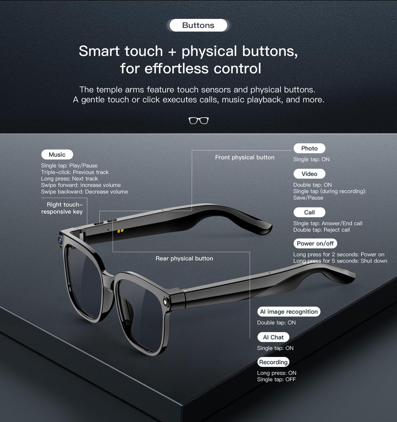 AI Smart Glasses with Camera,8MP Camera Glasses,4K HD Video Recording Glasses with AI Assistant,IP65 Waterproof Bluetooth,Replaceable Sunglasses with Photochromic Lens Eyeglass frame width 53mm