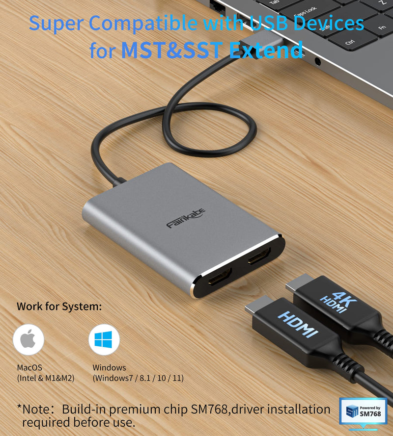 fairikabe USB 3.0 to Dual HDMI Adapter 4K30Hz Support Windows/Mac OS | USB to HDMI Adapters for 2 Monitors/TV, USB A to HDMI Splitter MST Mode for 2 Extended Display