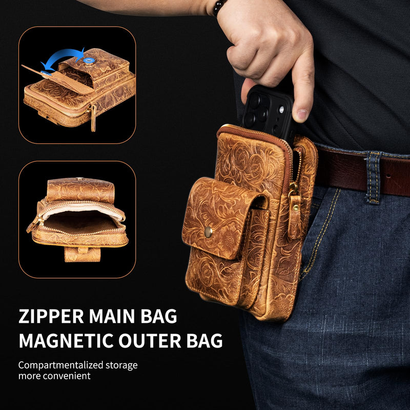 Holster for iPhone17/16/15/14/13/12/11 ProMax,Galaxy S21-25/26Ultra | For IP16 /15/14/Pro/Galaxy S21-26Plus,Premium Leather Pouch with Belt Clip Phone Holster Belt Case, Brown-L