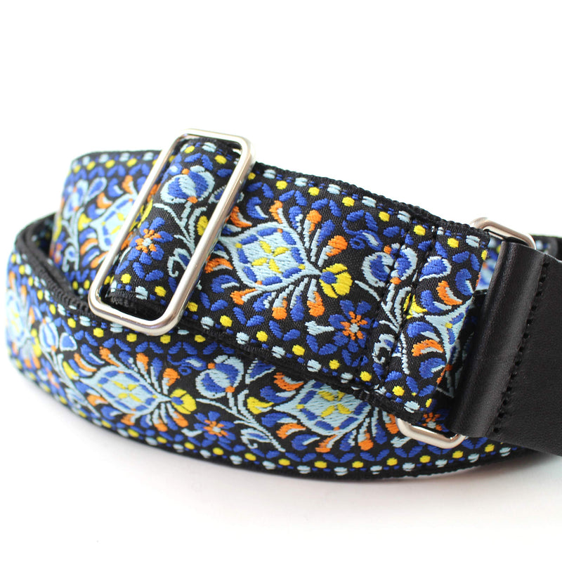 Walker & Williams H-29-CHR Vintage Series Blue Cheer Woven Hippie Guitar Strap With Brushed Nickel Hardware And Thick Leather Ends For Acoustic, Electric, And Bass Guitars