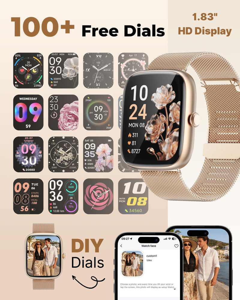 Smart Watches for Women Android/iPhone, Fitness Trackers with Answer/Call | Sleep Tracker/Step Counter/Heart Rate/SpO2 Monitor, Health Watch for 100+ Sports Modes, IP68 Waterproof, 2 Changeable Bands Gold