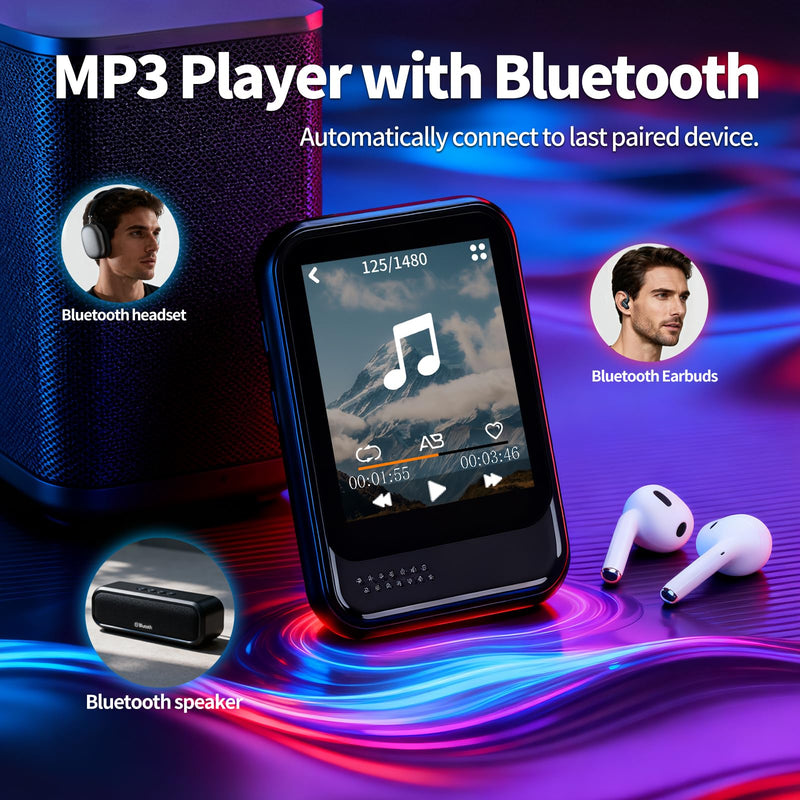 MP3 Player with Bluetooth,Mini MP3 Player with Speaker,Built-in Micro SD Card Slot,Portable Music Player with FM Radio,Video,Voice Recorder,Earphones, for Kids,Sports and Gifts,Max 512GB Expand 16GB