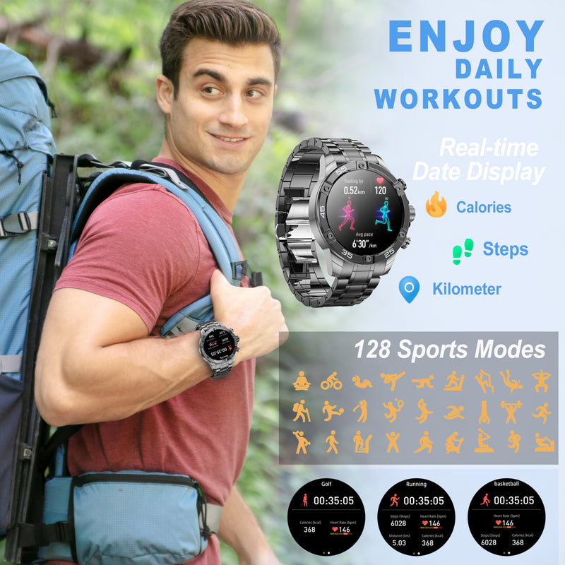 Men's Smart Watch Round HD 1.53" Gold Blue Smart Watches for Men, Multiple Sports Modes, Bluetooth Voice Call. Available for iOS and Android (Black Steel)