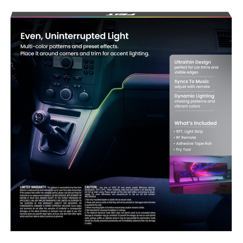 Feit Electric 5ft Indoor LED Light Strip, Dimmable, 0.1-Inch Wide, Multi-Color Chasing, USB-Powered, Filling & Stacking Patterns for Car Dashboards, Desks, Shelves & Furniture, TAPE60/TCOB/RGB/USB RGB (Red, Green, Blue)