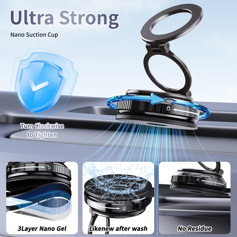 for MagSafe Car Mount, Vacuum Suction Phone Holder | 32 kgf Suction, 720° Rotation, Detachable Dual-Side Zinc Magnetic Head, for iPhone 12–17 & Android, Sticks to Metal