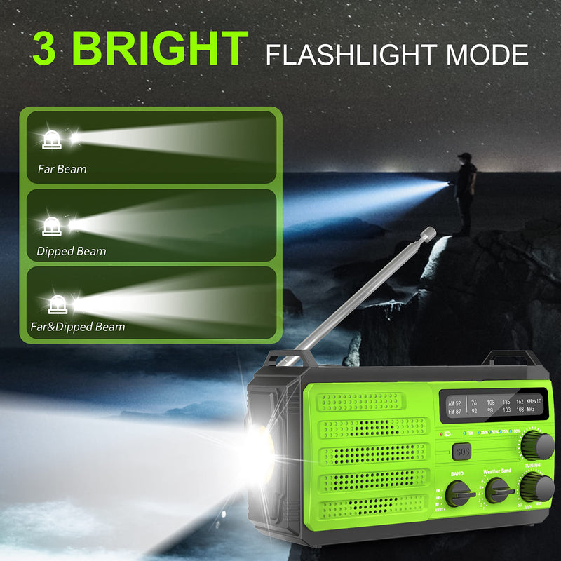 Emergency Radio with Solar & Hand Crank Radio 22200mWh (6000mAh) NOAA Emergency Weather Radio Alert, SOS Alarm, AM/FM, Hand Crank Flashlight, Compass for Tornado, Winter Storm, and Survival Kits Green