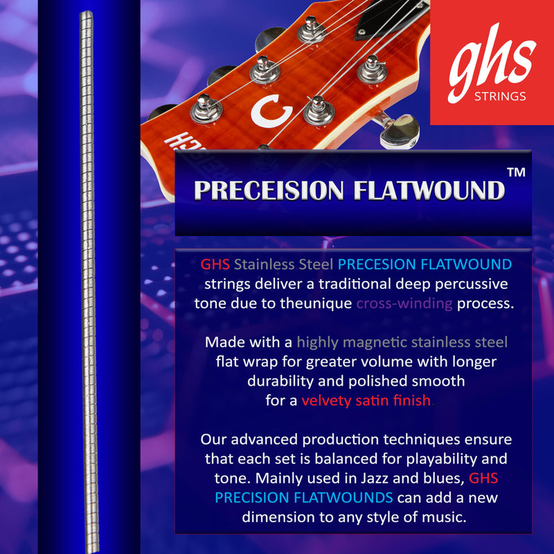 GHS Strings - Precision Flatwound - Electric Guitar Strings - Stainless Steel - High Volume - Polished Smooth - (L) - Light Gauge (900 SET) - 12-50 Light (12-50) Pack of 1