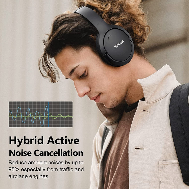 RUNOLIM Hybrid Active Noise Cancelling Headphones, Wireless Over Ear Bluetooth Headphones with Microphone, 70H Playtime, Foldable Headphones with HiFi Audio, Deep Bass for Home Travel Office Black