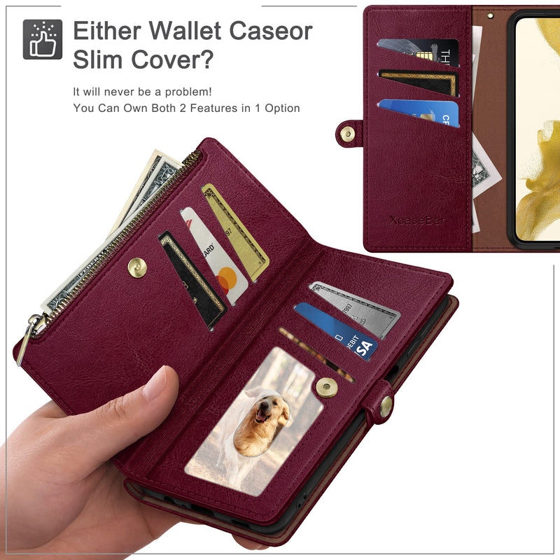 XcaseBar for Samsung Galaxy S24 Ultra Wallet case with Zipper Credit Card Holder RFID Blocking,Flip Folio Book PU Leather Shockproof Protective Cover Women Men Samsung S24Ultra Phone case Wine Red