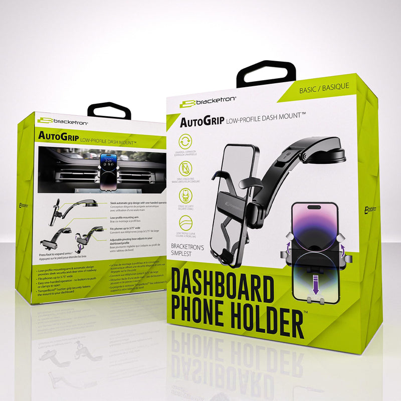 Bracketron AutoGrip Low Profile Car Phone Holder with TemperBond Suction | One-handed automatic grip, low-profile clear-view arm, tool-free setup, fits most smartphones on dash or windshield.