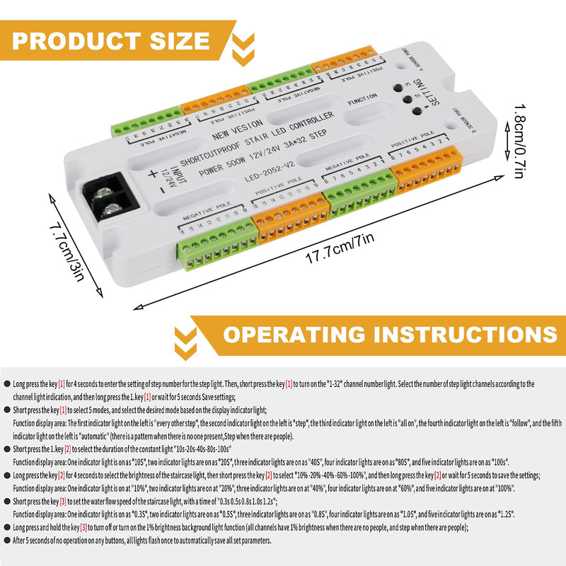 XLSBZ LED Stair Lighting Controller with Motion Sensor, 5 Modes, 32 Levels, Stair Light Control, LED Stair Light Controller