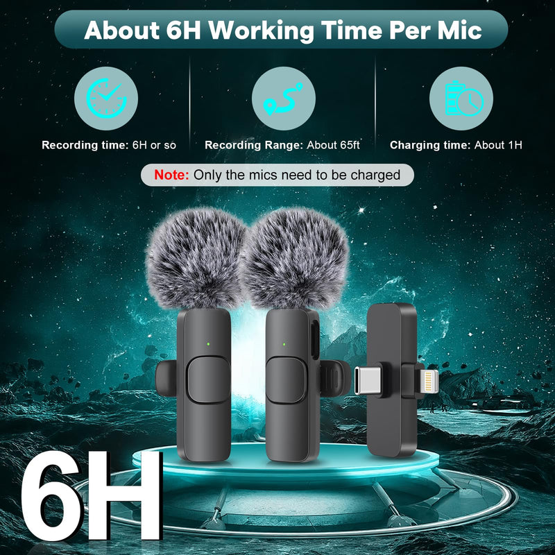 MAYBESTA Wireless Mini Microphone for iPhone, Android Phone - 2 Pack Lavalier Lapel Mic for Audio Video Recording - Clip on Content Creator Microphones for YouTube Tiktok Podcast Vlogging USB-C & Lightning(All iPhones + Androids)