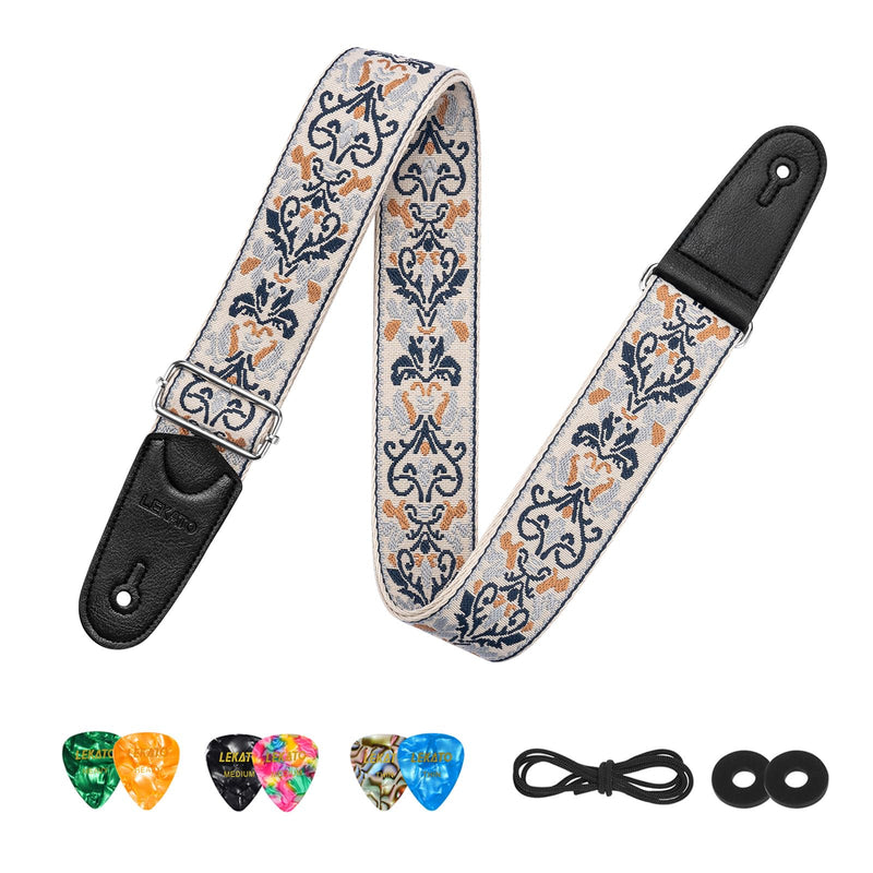 LEKATO Guitar Strap for Electric Bass Acoustic Guitar, Floral Jacquard Embroidery 2? Wide Guitar Straps Bass Strap Padded Guitar Straps with Picks & Blocks (Blue Flower White)