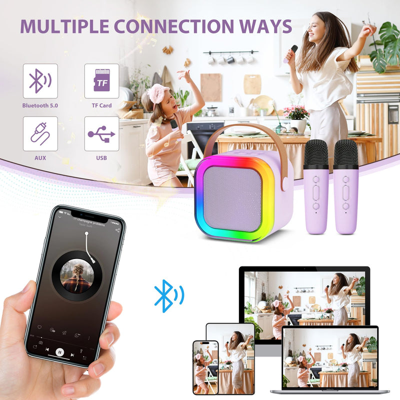 Fede Karaoke Machine for Kids Adults, Mini Karaoke Machine with 2 Wireless Microphones, Portable Bluetooth Speaker with Voice Changing Effects & LED Lights, Best Gifts Toys for Girls and Boys Purple