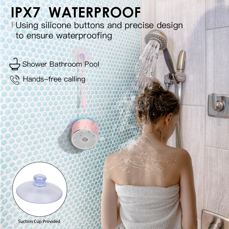 [AUSTRALIA] - Mini Bluetooth Shower Speaker, IPX6 Waterproof Speaker, with RGB Lights, Mic, Portable Silicone Lanyard, Suction Cup, Clear Sound&Rich Bass, 12h Playtime, Small Pink Gifts for Girls Women Pink Rose Gold 