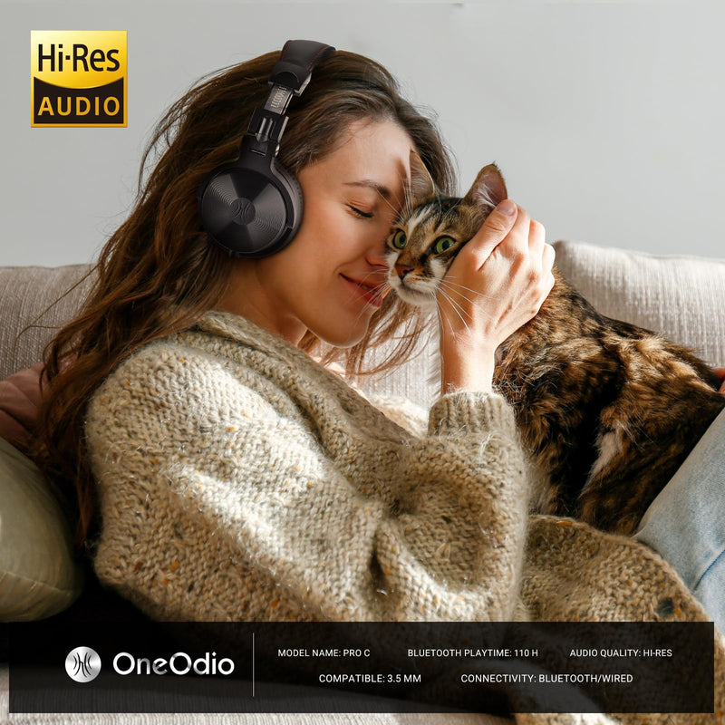 OneOdio Pro C Wired & Wireless Over-Ear Headphones, 110H, 50mm Drivers | Wired 3.5mm and wireless Bluetooth modes with 110H playtime, 50mm drivers and HD mic for PC, podcast and studio work Black