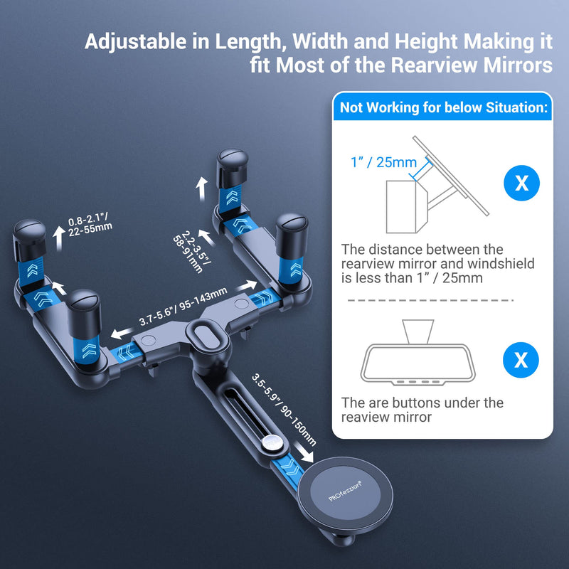 PROfezzion Car Rearview Mirror Magnetic Phone Mount Holder for MagSafe | Vent Clip Included, No Vibrating, Eye-level View, Length & Angle Adjustment, for iPhone 17 16 15 14 13 Pro Max & All Phones Car Rearview Mirror or Vent
