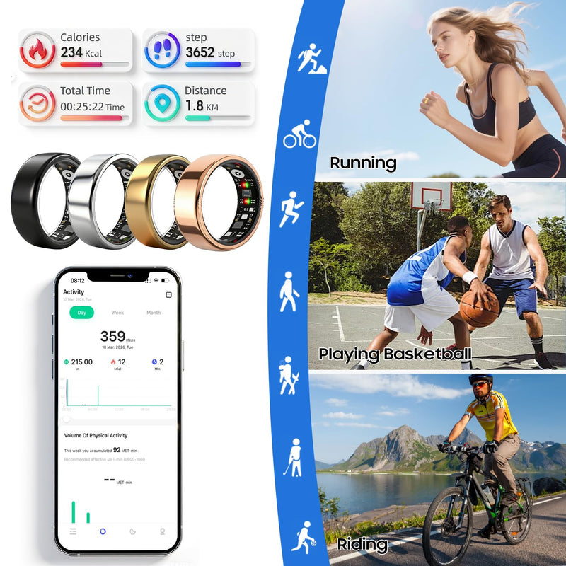 Smart Ring Gen 3 for Women Men, IP68 Waterproof Health Tracker Gold,8 | Fitness Rings with Free App No Subscription Fee, Stress & Sleep Monitor, Heart Rate & Step Tracking, Android/iOS Compatible 8