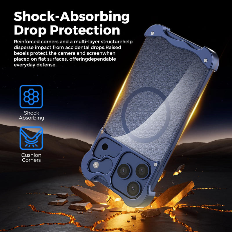 for iPhone 17 Pro ， Military-Grade Metal Bumper Case, Frameless Design with Scratch-Resistant Acrylic Anti-wear Backplate (Anti-wear Backplate, Blue, iPhone 17 Pro)