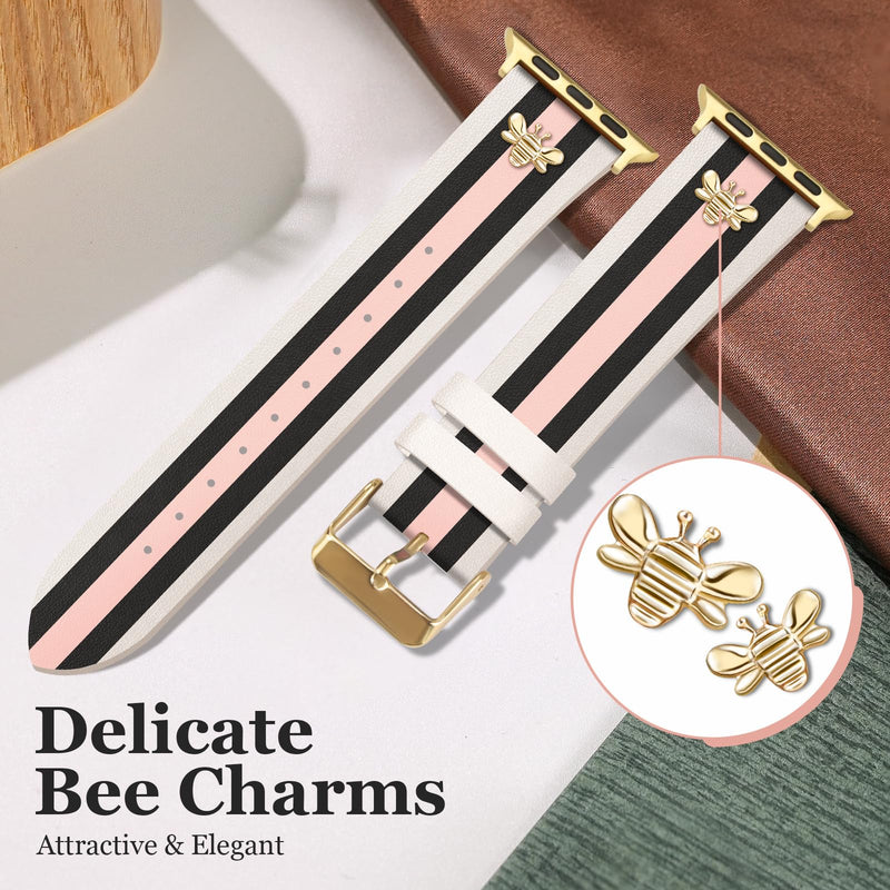 MOINSPIRE Designer Leather Bands with Charms Slim Band and 3Pcs 18k Golden Jewelry Set Bundle Compatible with Apple Watch 38mm 40mm 41mm 42mm 44mm 46mm 45mm 49mm for iWatch Series 11/10/9/8/7/6/5/4/3/