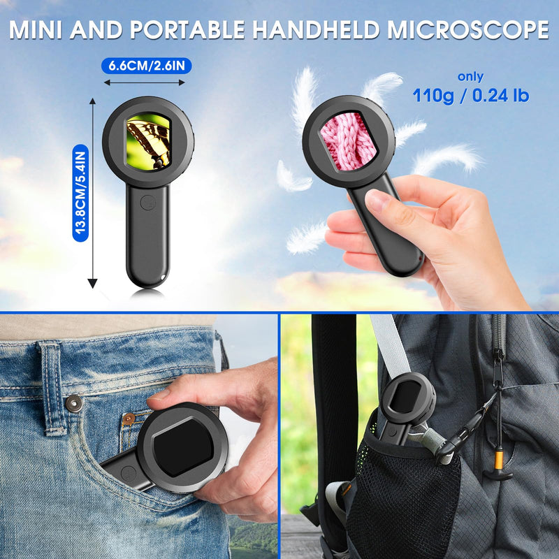 [AUSTRALIA] - Pocket Digital Microscope for Adults Kids: 100X Handheld Magnifying Glass with Light, USB Coin Magnifier for Collector, Portable Jewelers Loupe with 2" Screen, Mini Scope for Trichome Black 