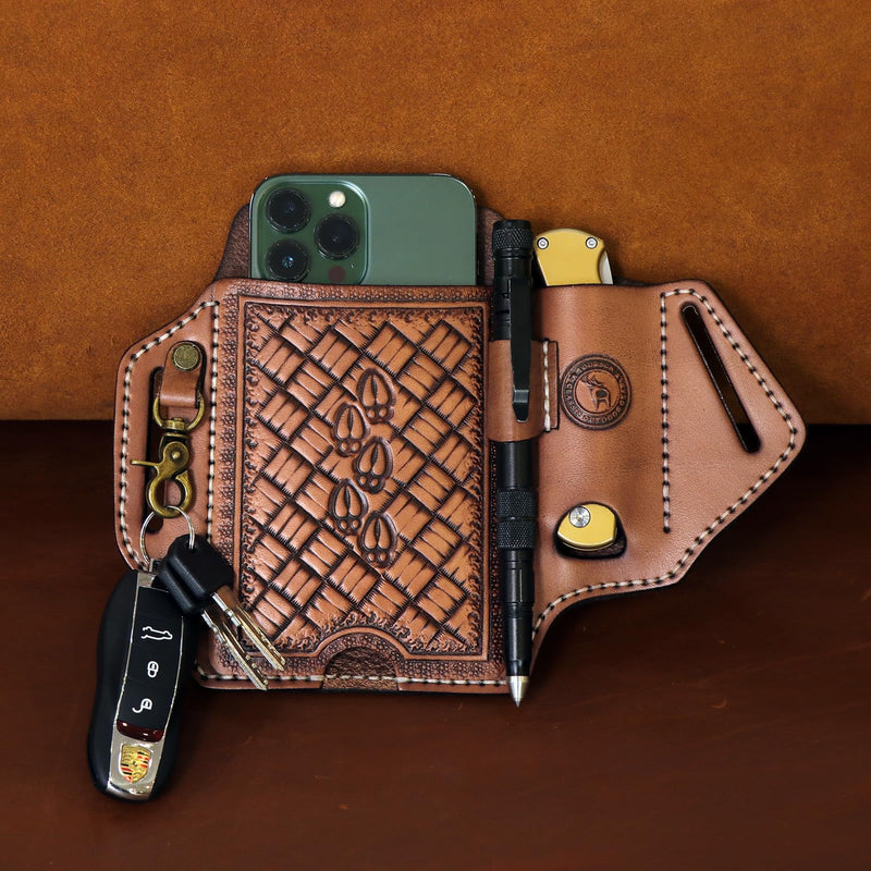 Leather Cell Phone Belt Holster Case Folding Knife Sheath Pen Slot Key Clip | 4-In-One Edc Organizer,Pocket Knives Carrier,Bottom Push Hole For Phone Charge Port,Fits Phones Up To 6.7",Gift For Birthday